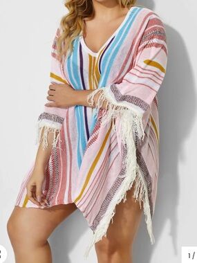 Cupshe Colorful Vertical Stripes Fringe poncho cover up. New with tags